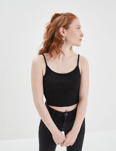 Débardeur cropped côtelé noir femme