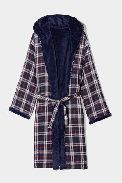 Peignoir doublé à capuche et ceinture bleu marine homme