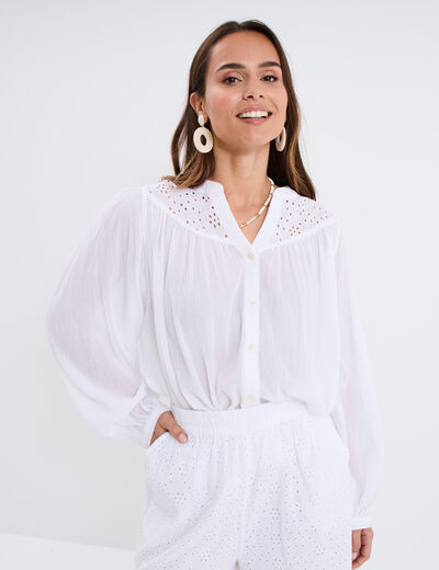 Blouse col tunisien broderie anglaise blanc femme