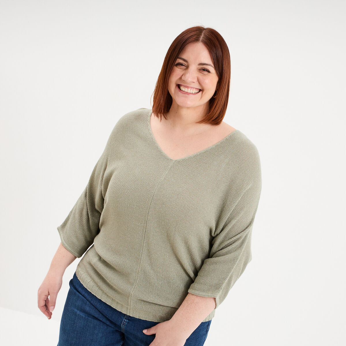 Pull manches 3/4 col en V vert kaki femme grande taille