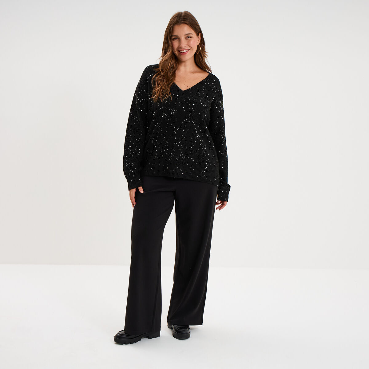 Pull droit sequins col V manches longues noir femme grande taille