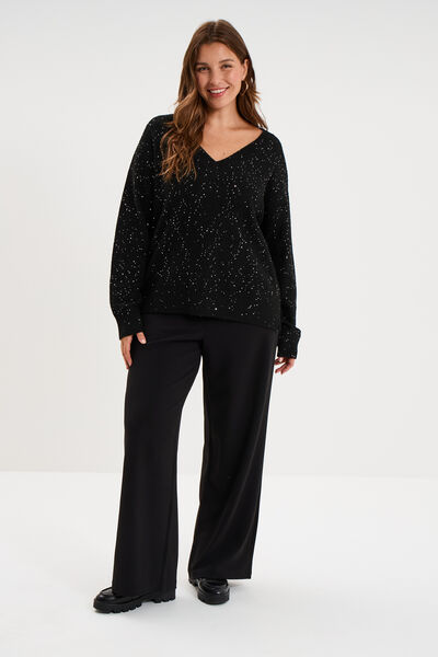 Pull droit sequins col V manches longues noir femme grande taille