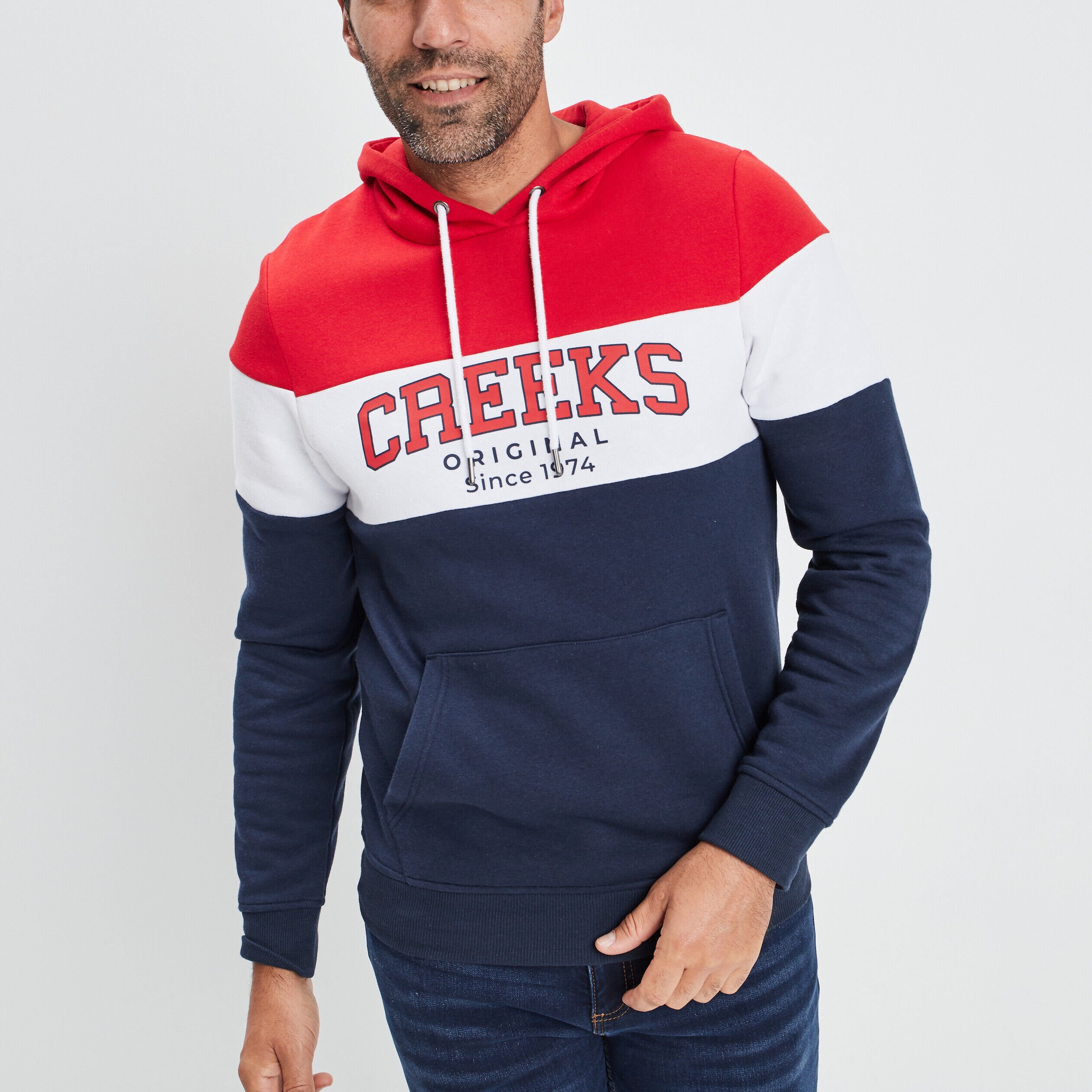 Sweat tricolor à capuche hoodie Creeks rouge homme CREEKS
