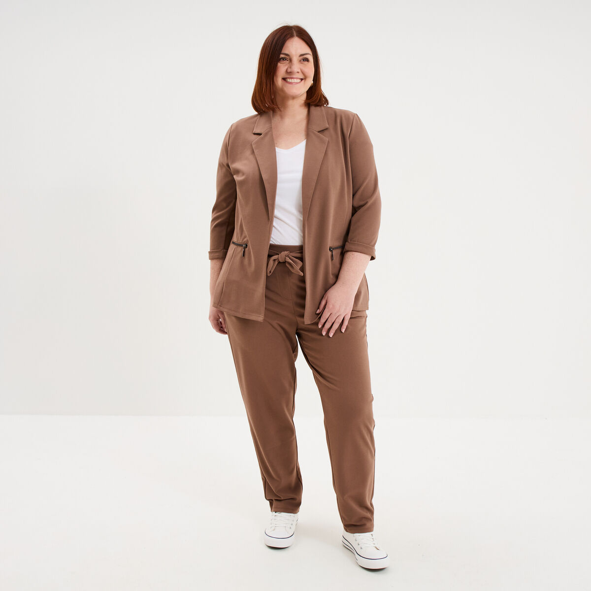 Veste blazer maille cr&ecirc;pe manches 3/4 marron clair femme grande taille