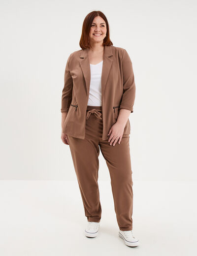 Veste blazer maille cr&ecirc;pe manches 3/4 marron clair femme grande taille