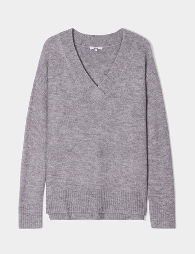 Pull droit ample col V fentes aux côtés gris clair femme