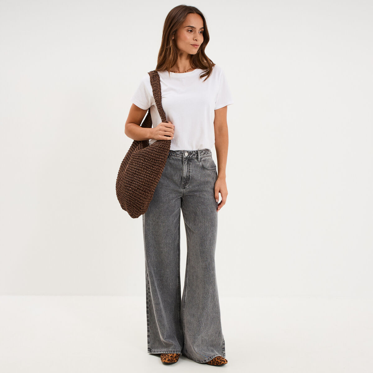 Jeans extra wide leg taille haute denim gris femme
