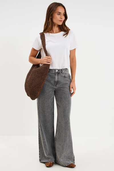 Jeans extra wide leg taille haute denim gris femme