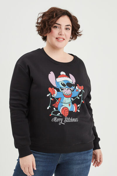 Sweat col rond coton Vilaines Disney noir femme