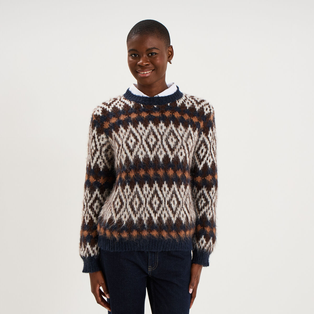 Pull manches longues col rond marron femme