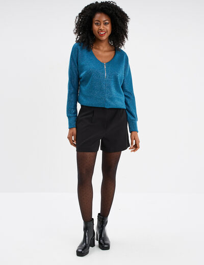 Pull chauve-souris col en V détail zippé bleu pétrole femme
