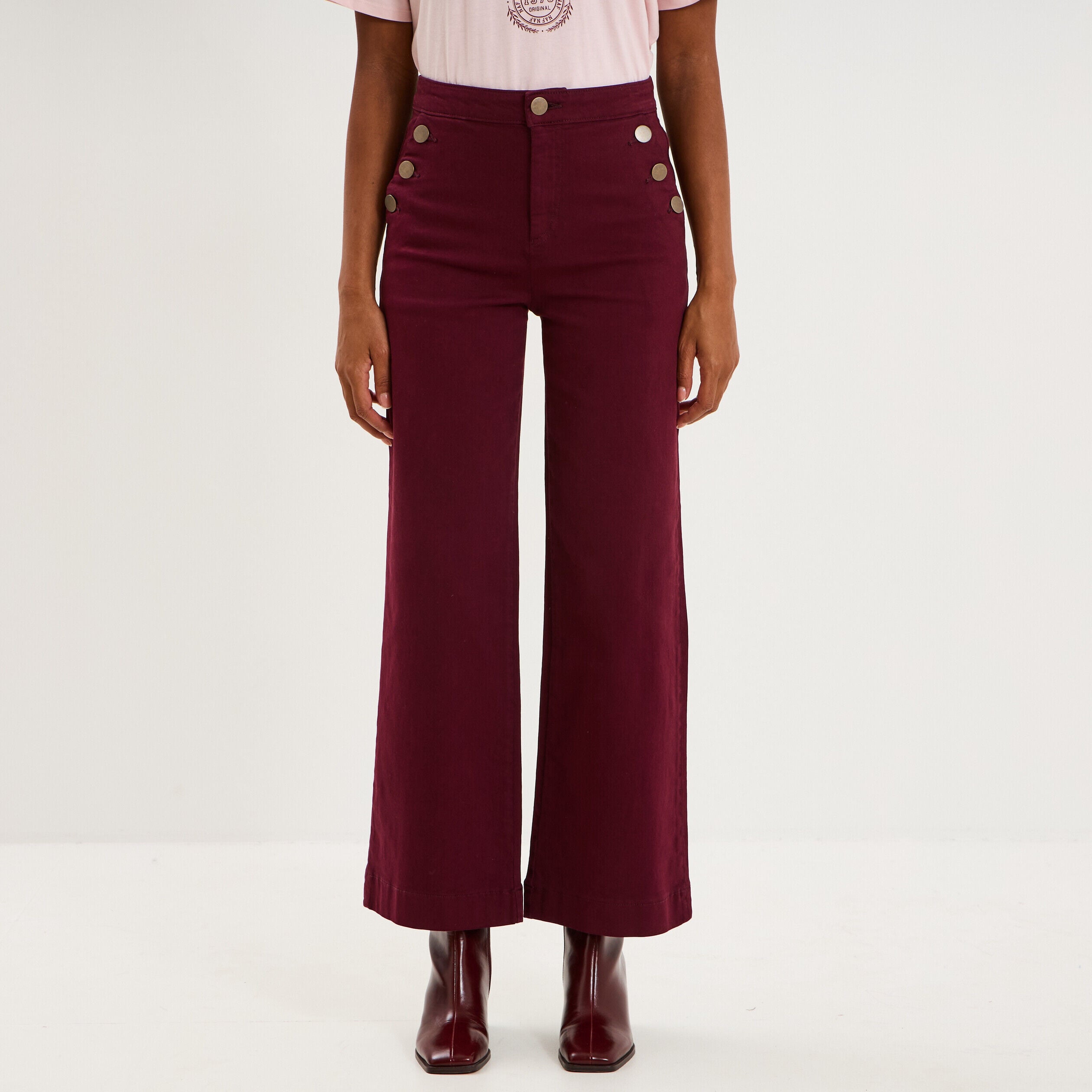 Pantalon wide leg cropped à boutons violet foncé femme