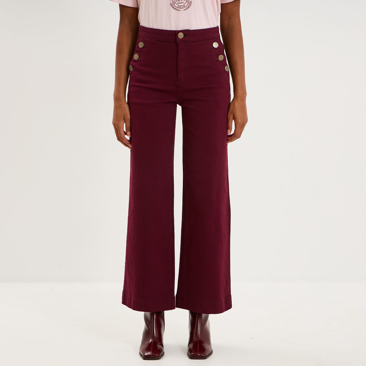 Pantalon wide leg cropped &agrave; boutons violet fonc&eacute; femme