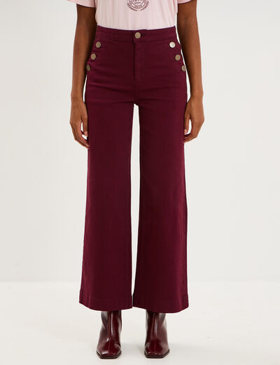 Pantalon wide leg cropped &agrave; boutons violet fonc&eacute; femme