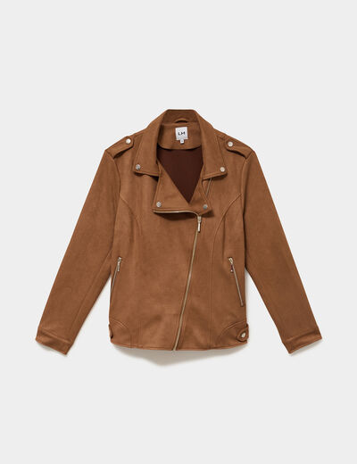 Blouson zipp&eacute; effet su&eacute;dine style biker camel femme grande taille