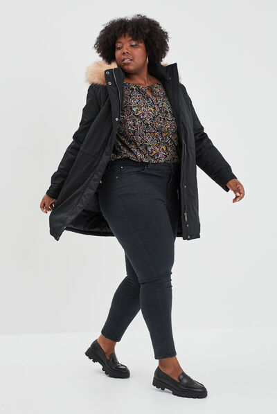 Parka à capuche bordure fourrure noir femme grande taille