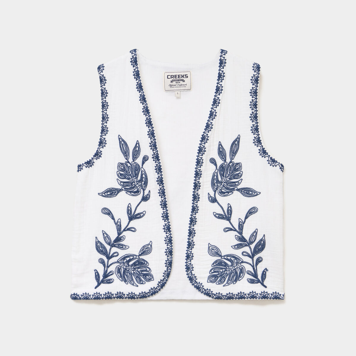 Gilet sans manches brod&eacute; gaze de coton blanc femme