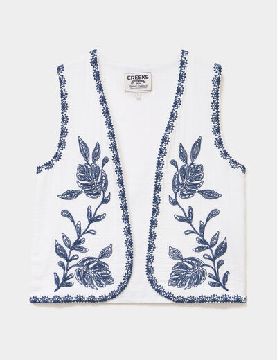Gilet sans manches brod&eacute; gaze de coton blanc femme