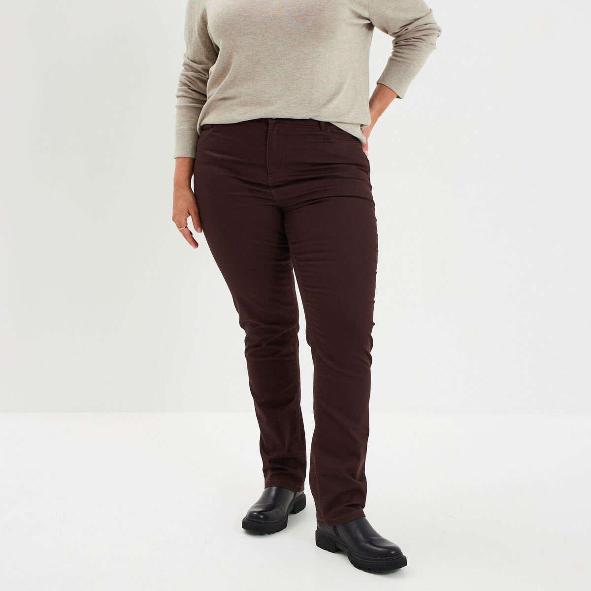 Pantalon straight taille haute Modavista marron foncé femme grande taille