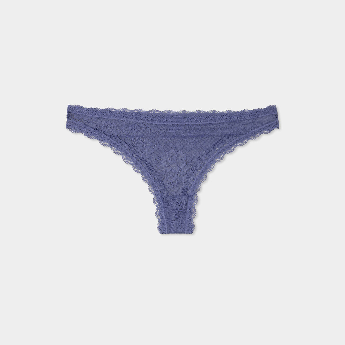 Tanga en dentelle doublure coton bleu gris femme