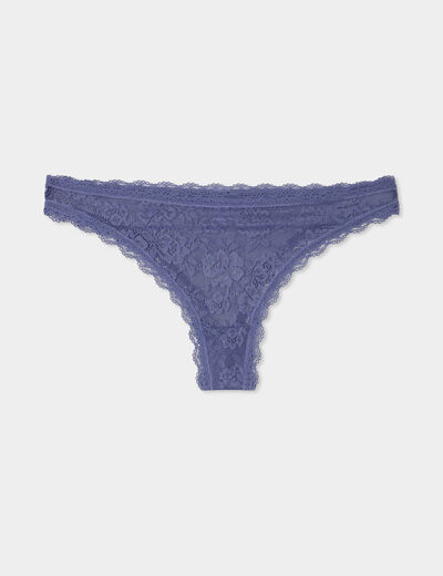 Tanga en dentelle doublure coton bleu gris femme