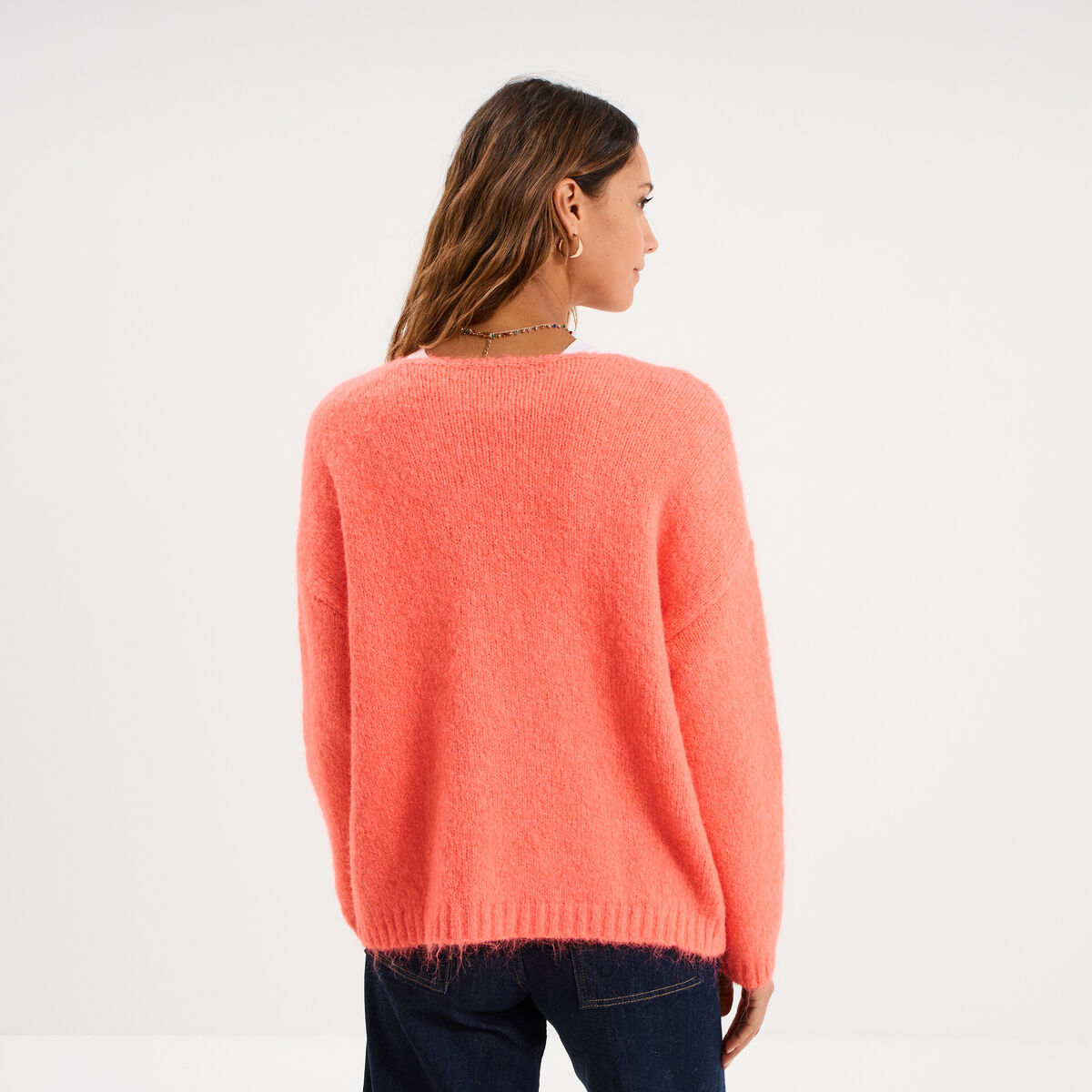Gilet col en V manches longues rose fluo femme