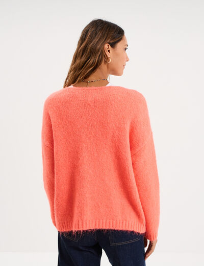 Gilet col en V manches longues rose fluo femme