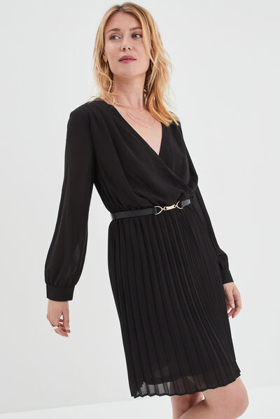 Robe ceinturée bas plissé noir femme