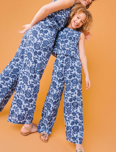 Pantalon fluide large taille élastiquée bleu fille