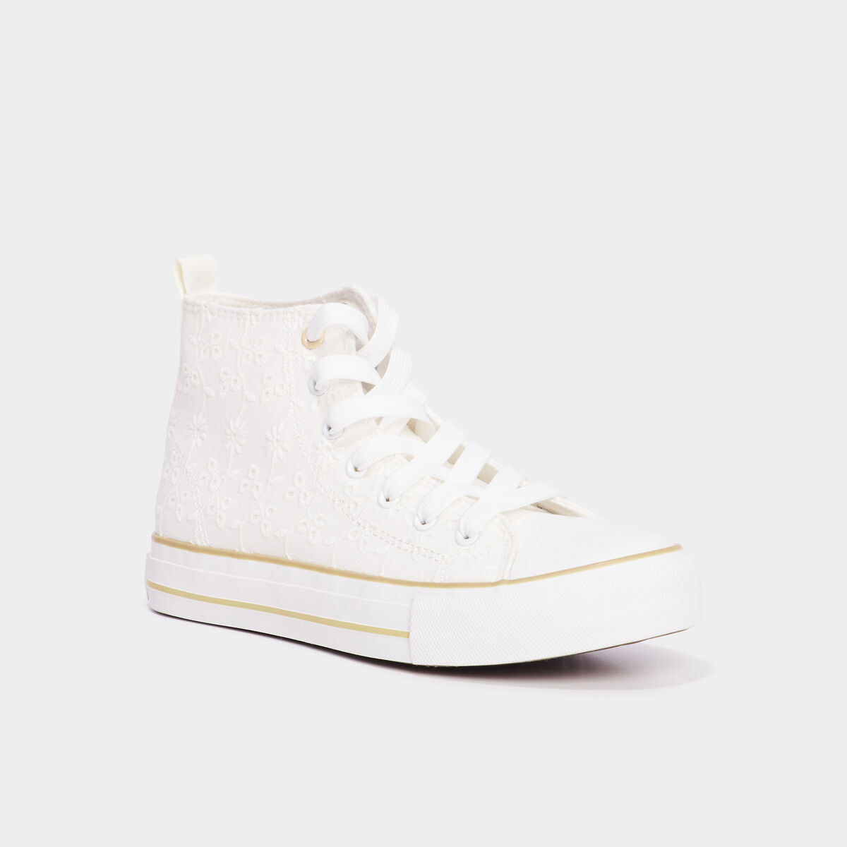 Tennis montantes &agrave; lacets en toile ivoire femme
