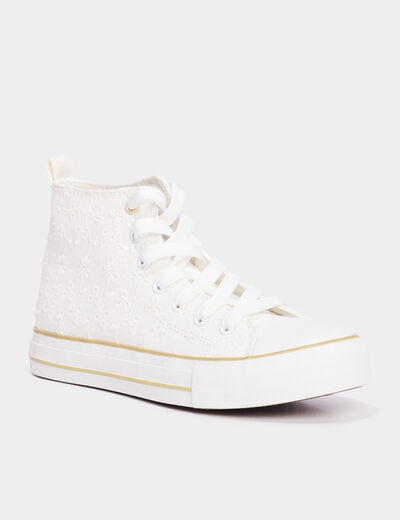 Tennis montantes &agrave; lacets en toile ivoire femme