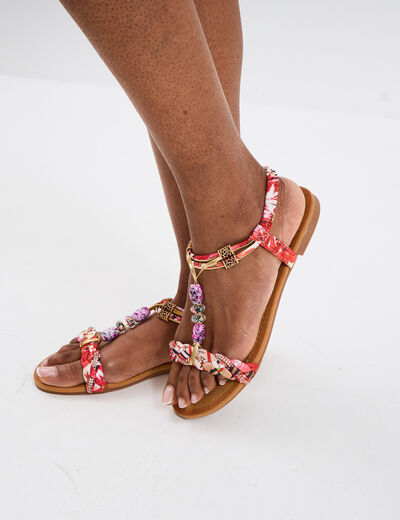 Sandales foulard et perles &eacute;lastiqu&eacute;es rouge femme
