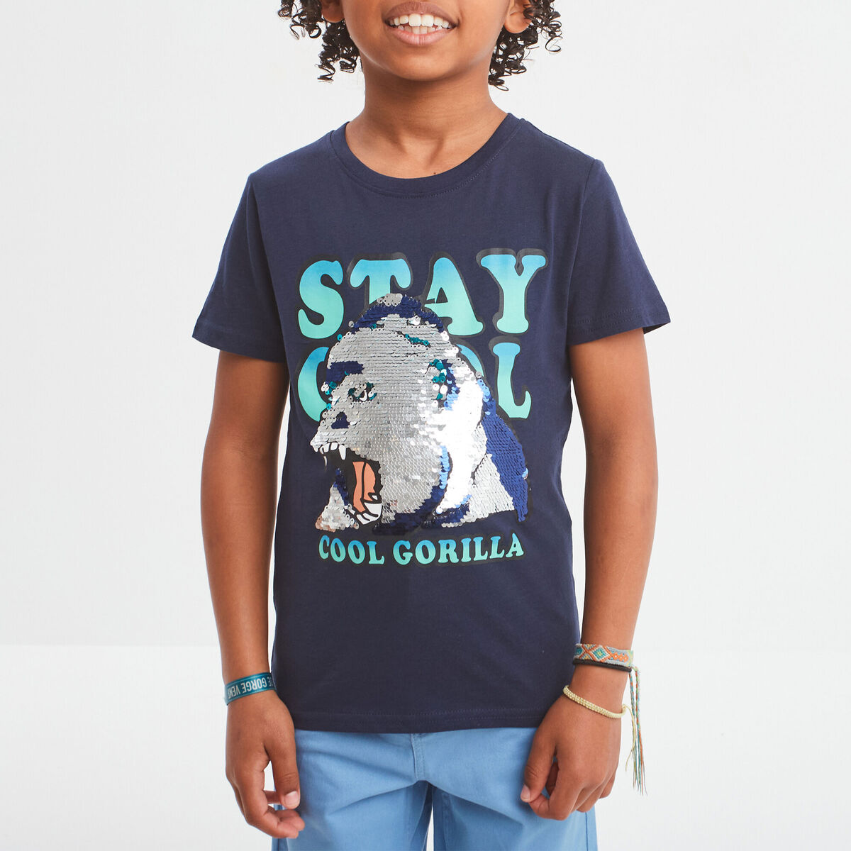 T-shirt sequins r&eacute;versibles bleu marine gar&ccedil;on