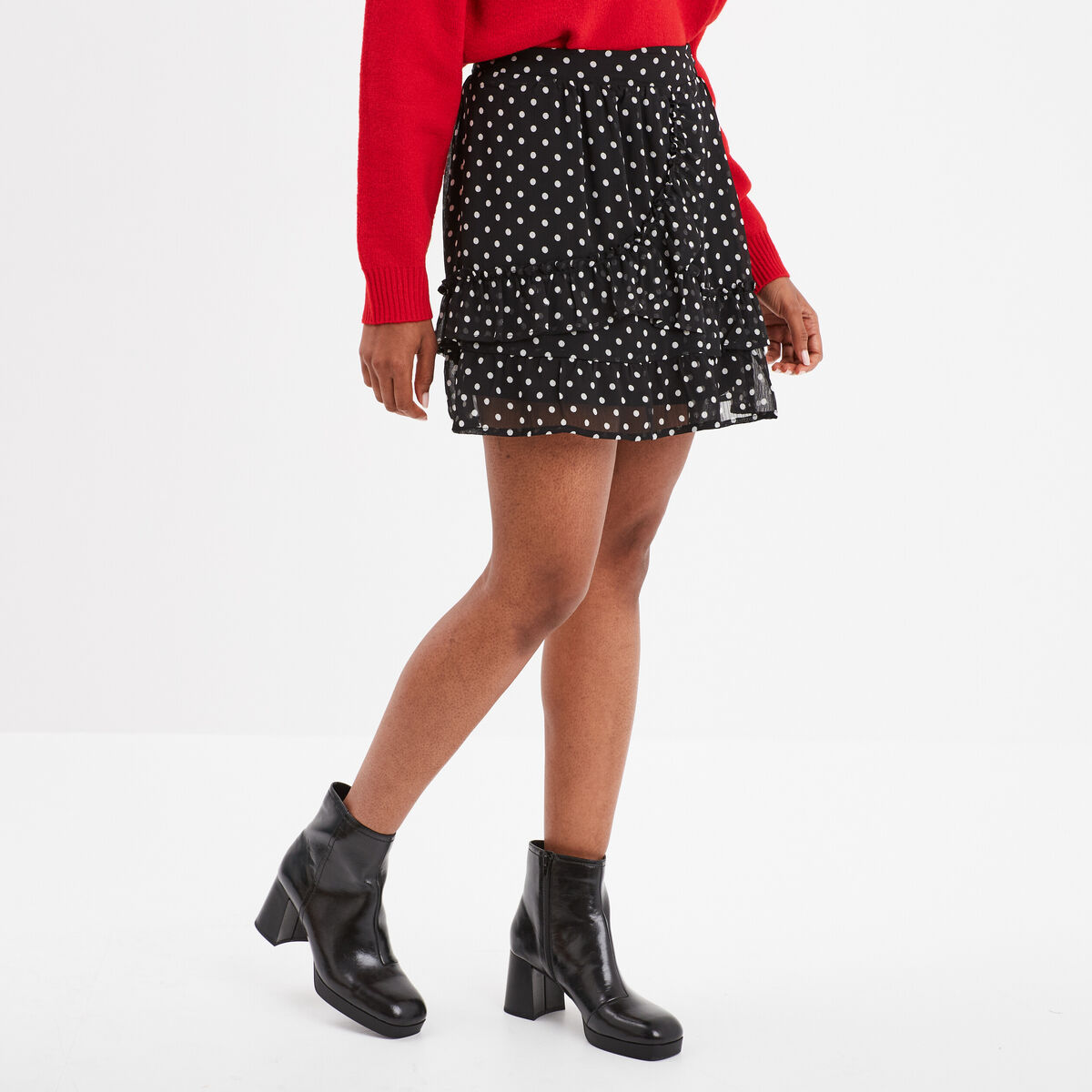 Jupe courte patineuse fluide volantée noir femme