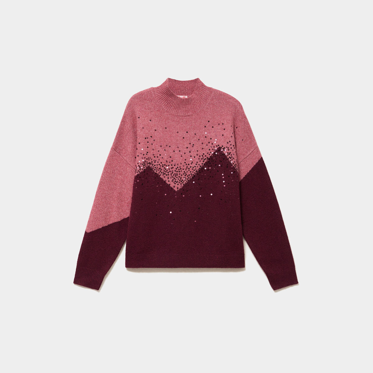 Pull col montant &agrave; sequins oversize bordeaux femme