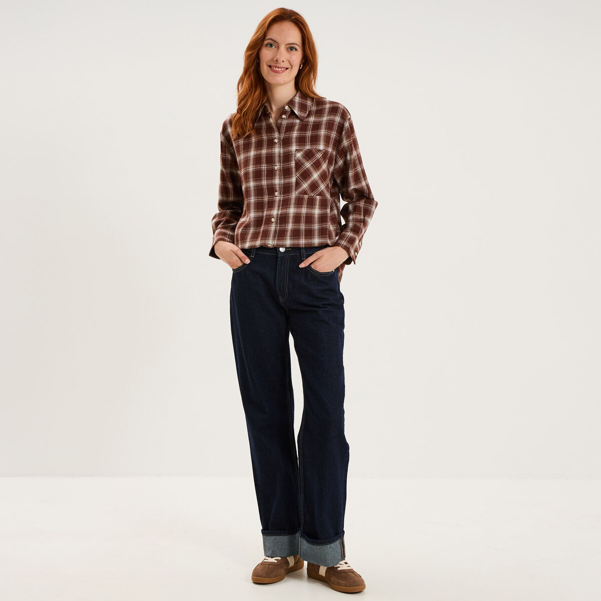 Chemise manches longues coton marron femme