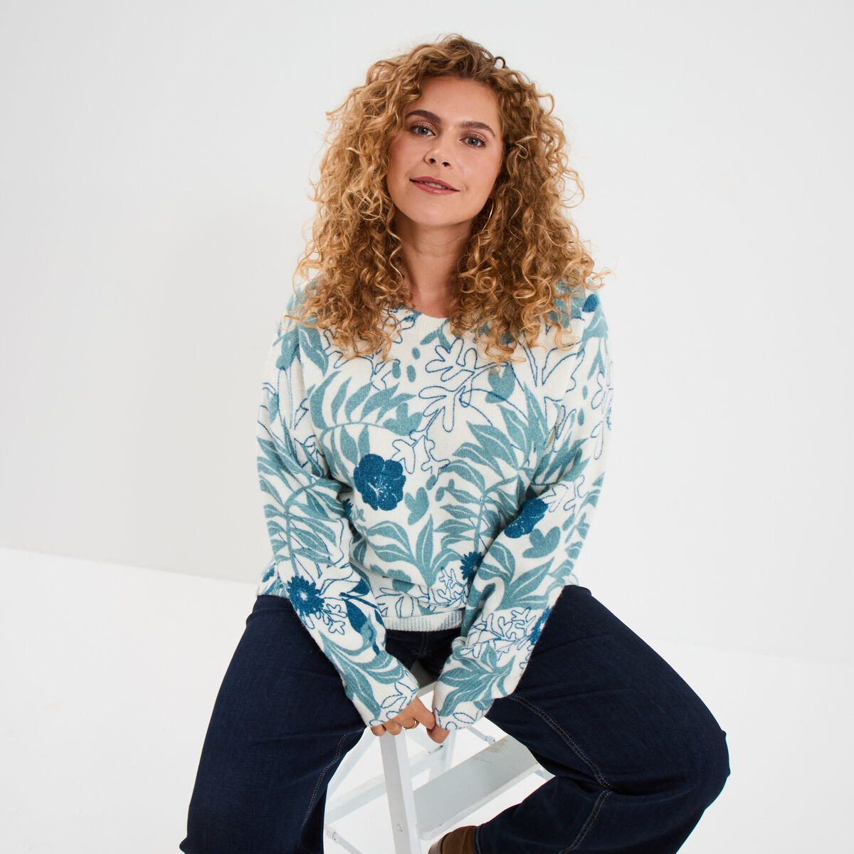 Pull col rond manches longues ecru femme grande taille