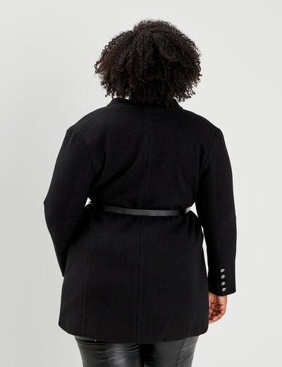 Manteau esprit officier droit ceinturé noir femme grande taille