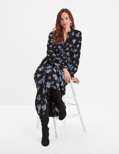 Robe longue col tunisien manches longues noir femme