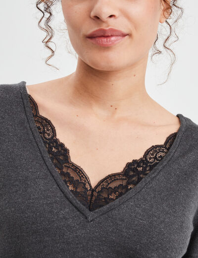 Pull dos en V avec dentelle gris foncé femme