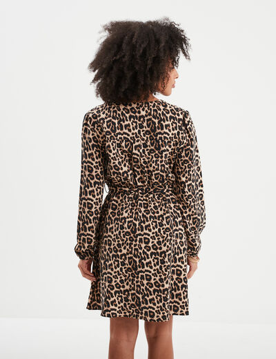 Robe courte ceinturée col tusinien beige femme