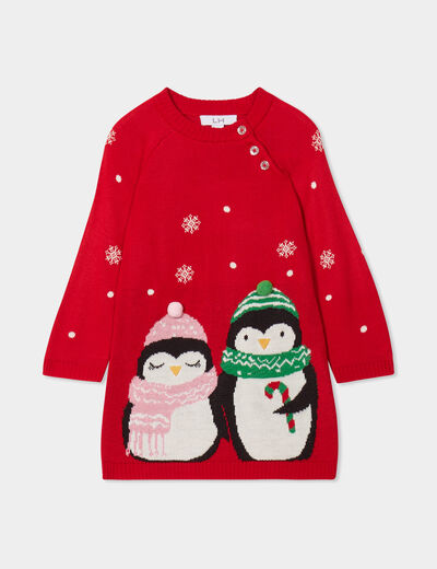 Robe pull Noël col rond manches longues rouge bébé fille