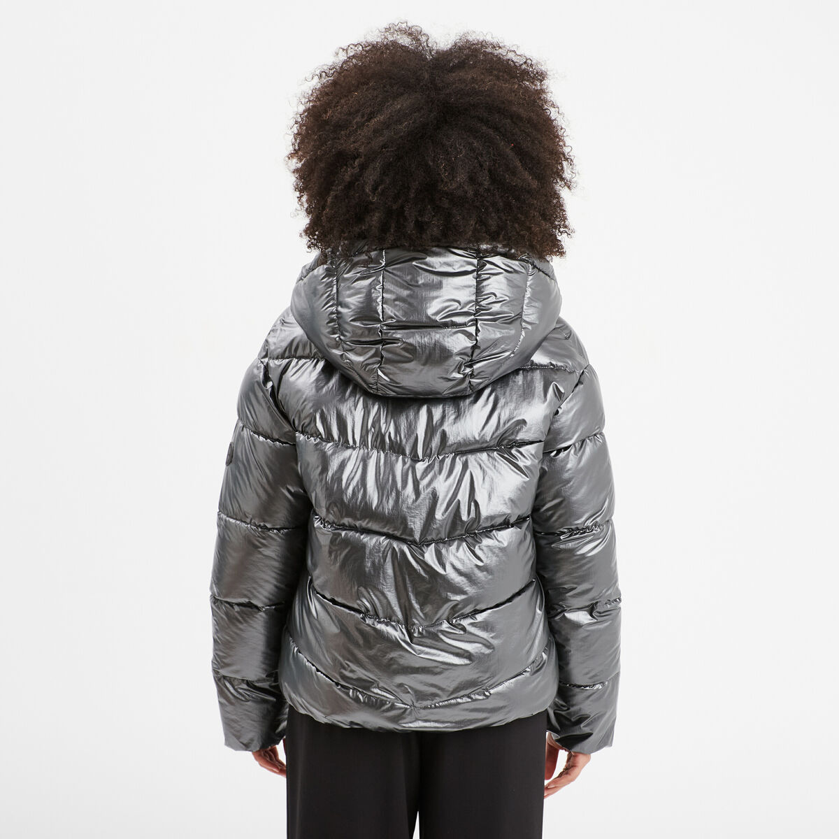 Doudoune manches longues à capuche gris argent femme