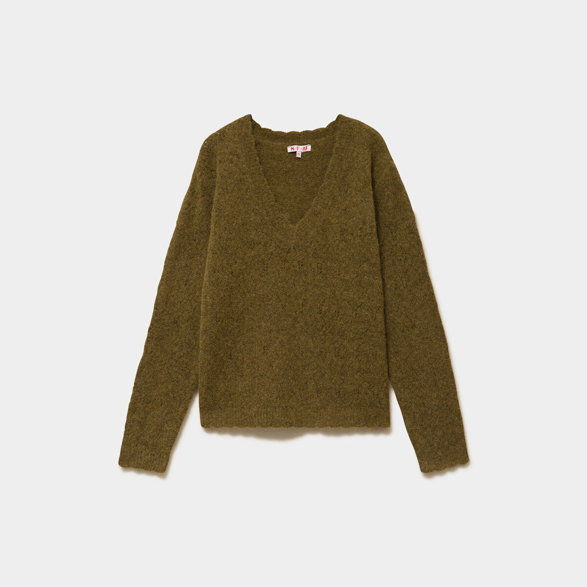 Pull col V ajour&eacute; manches longues vert olive femme