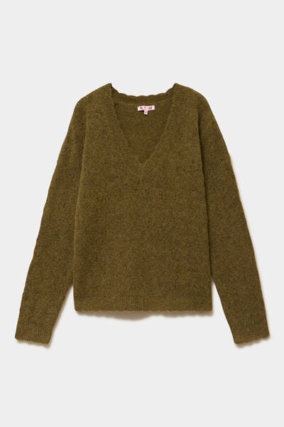 Pull col V ajour&eacute; manches longues vert olive femme