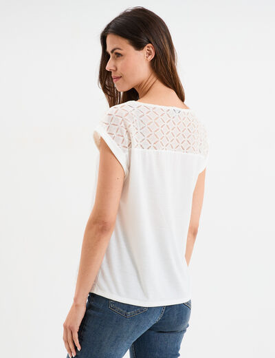 T-shirt col en V dentelle épaules et dos blanc femme