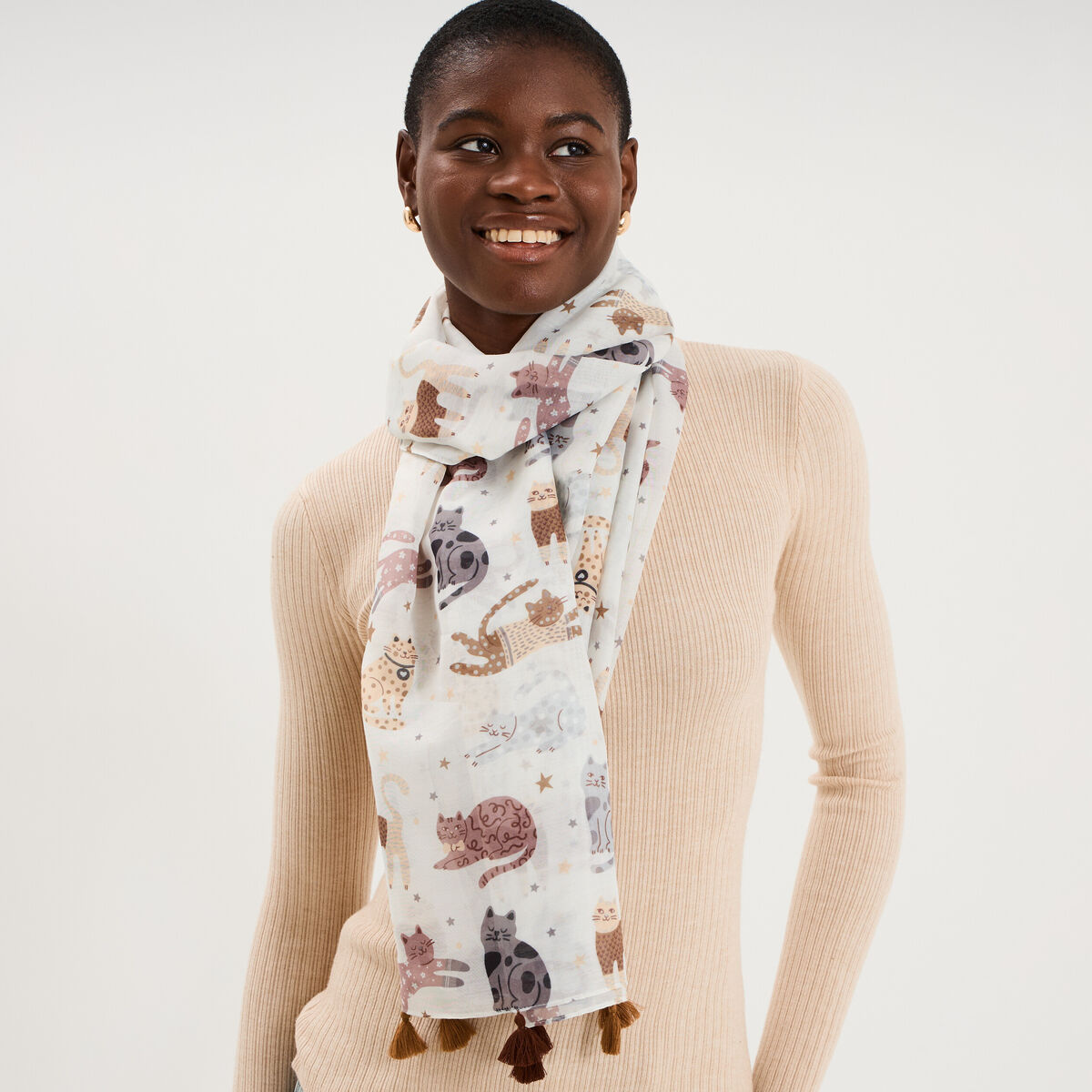 Foulard &agrave; d&eacute;tails pampilles sable femme