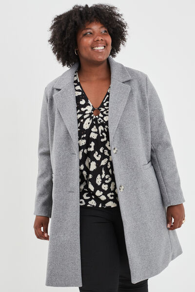 Manteau long boutonné gris femme grande taille