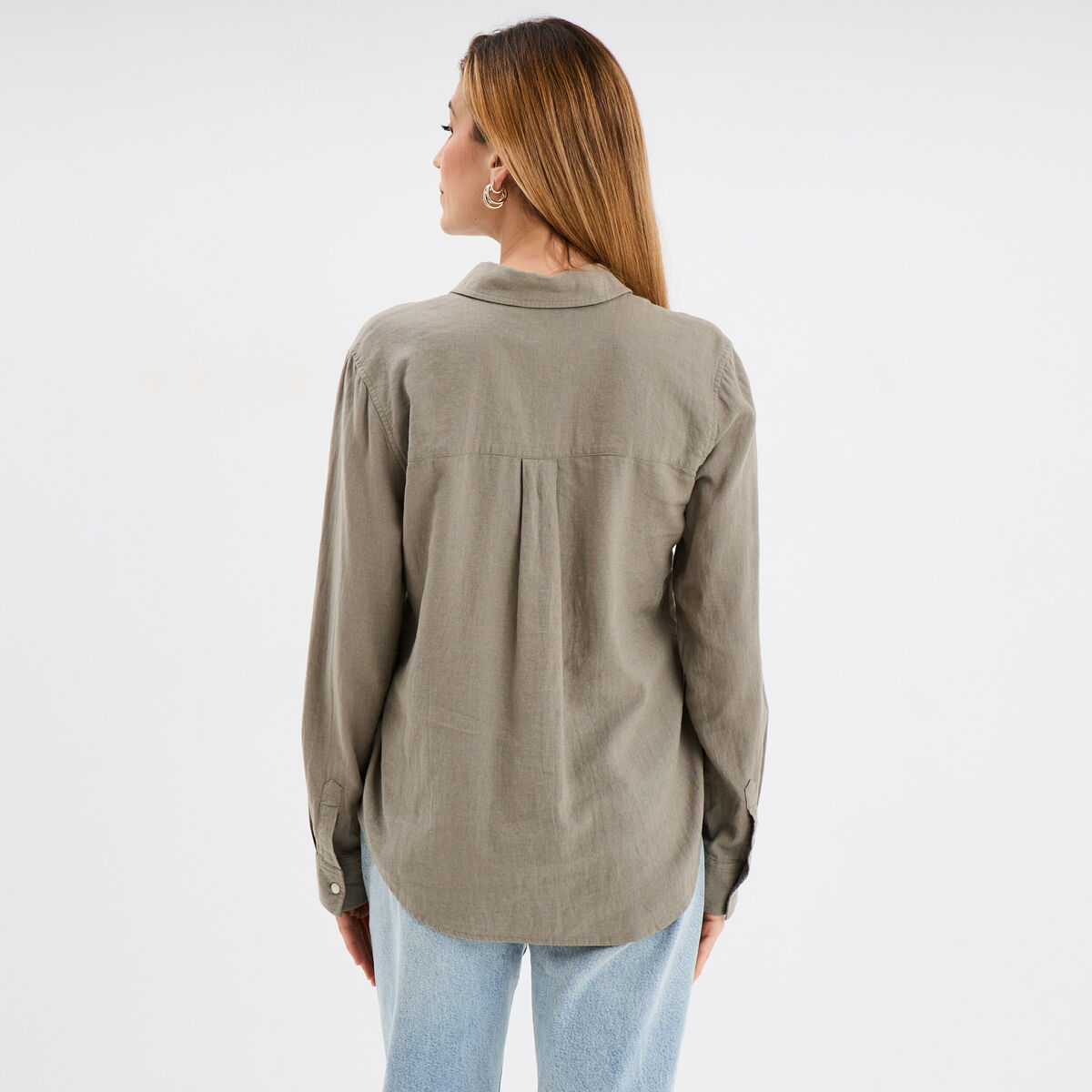 Chemise lin mélangé manches longues vert kaki femme