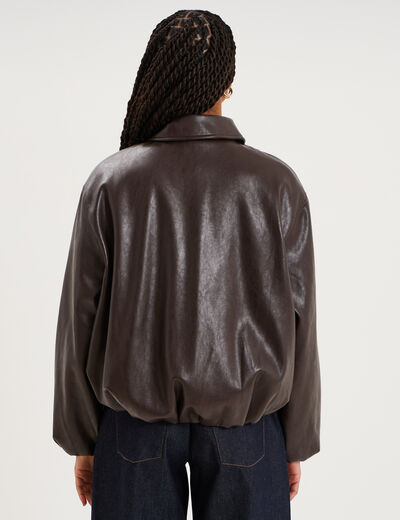 Veste boule oversize similicuir zipp&eacute;e marron fonc&eacute; femme